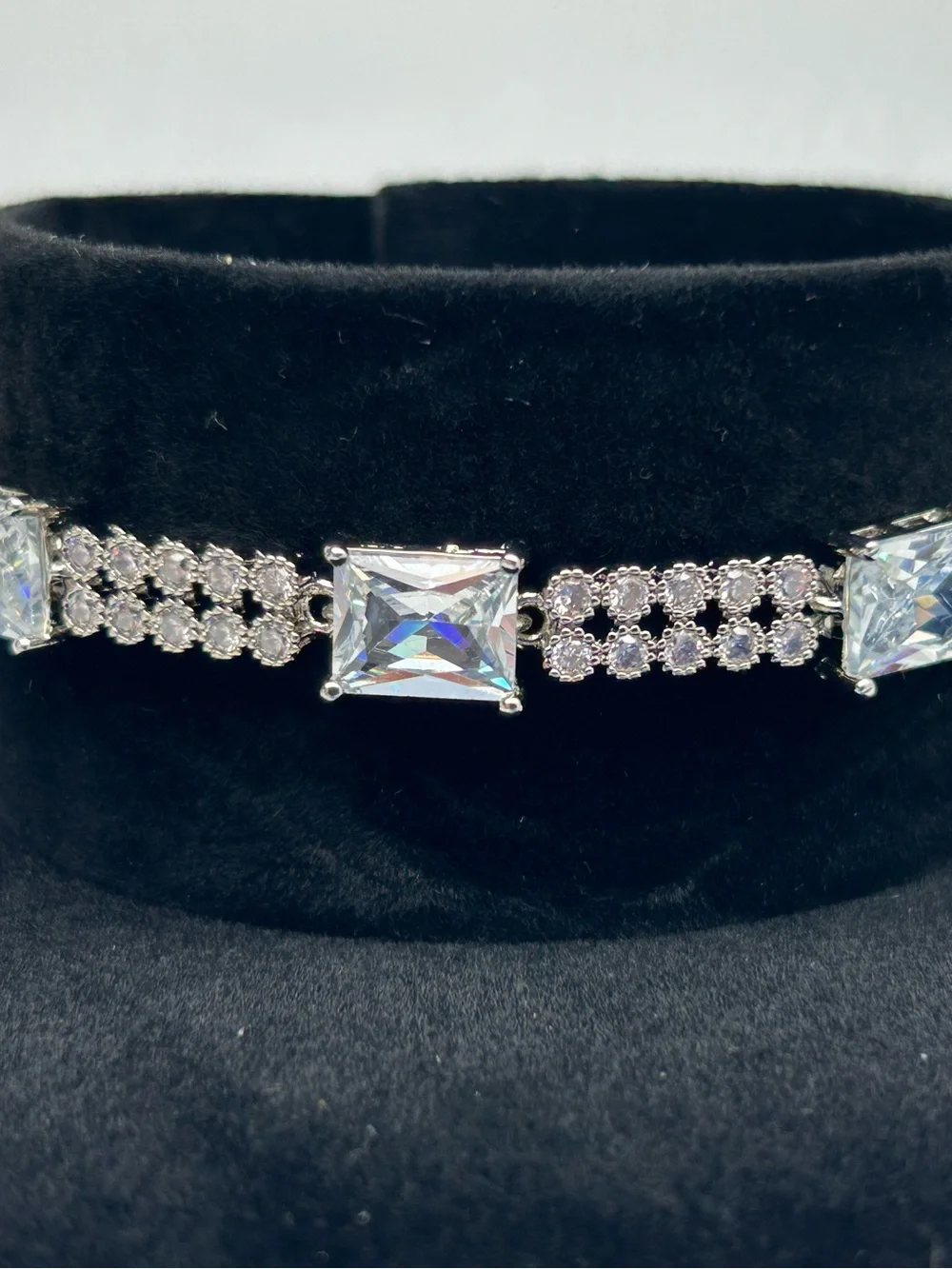 Pale Blue Square Crystal Silver Tone Bracelet 7in